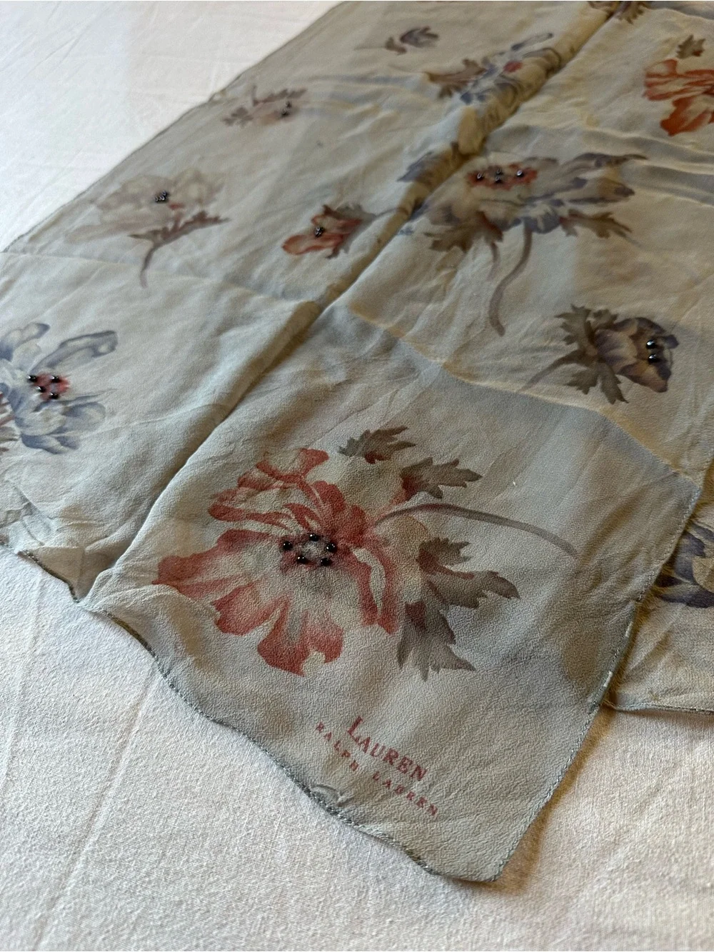 Ralph Lauren Floral Sheer Silk Scarf in Light Gray with Soft Pink Blooms